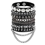 Eigso 4Pcs schwarzes Lederarmband für Männer Frauen verstellbarer Hämatit Punk Spike Metall M