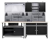 Ondis24 Werkstatt Werkstatteinrichtung 240cm Komplettset mit LED und Bluetooth Lautsprechern, inkl. versenkbare Steckdosenleiste grau Werkbank Werkzeugschrank Lochw
