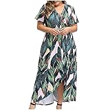 Damen Plus Size Blumendruck Kurzarm Maxikleid Wickeln Geraffte verstellbare Spaghetti-träger Empire-Taille ee50090