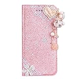 3D Glitter PU Leather für Samsung Galaxy A71 4G Handyhülle Roségold Etui Flip Cover Handytasche Wallet Tasche Pocket Schale Magnetverschluss Schutzhülle Stand Card Slot Shell Liebesanhäng