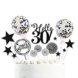 Happyhours 30 Jahre Tortendeko Happy Birthday Kuchen Deko Set, Schwarz Konfetti Ballon, Glitter Papierfächer und Stern Form Cake Torte Topper, Glitter Geburtstag Kuchen Topper, Glitzer Cupcake Topp