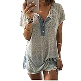 Lazzboy Damen Kurzarm T-Shirt V-Ausschnitt Casual Sommer Lose Shirt Oversize Oberteile Frauen Lässige Knopf Bluse Tank Tops(Grau,S)