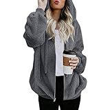 XTBFOOJ Damen Plüschjacke Winterjacke Teddy Warm Hoodie Pullover Mit Kapuze Winter Reißverschluss Kapuzenjacke mit Tasches Einfarbig Lässige Jacken Mantel Ob