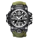 Outdoor Survival Armbanduhr, 5 in 1 wasserdichte Digitale Herren-Militäruhren mit Paracord-Seil, Pfeife, Kompass, Feuerstarter, für Wandercamping-Abenteuer (Green A)