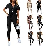 LoveLeiter Damen Jumpsuit Sommer Elegant Kurzarm V Ausschnitt Playsuit Einteiler Elegant Hosenanzug Mode Overall Jogginganzug Romper mit Gürtel Hohe Taille Strampler Beiläufig Spielanzug