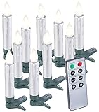 Lunartec Kabellose Baumkerzen: 10er-Set LED-Weihnachtsbaum-Kerzen mit Fernbedienung und Timer, silber (Batterie-Weihnachtsbaumkerzen)