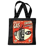 Tasche Umhängetasche TANKSTELLE BENZIN DIESEL 24 STUNDEN SERVICE REIFEN ÖL HOT ROD US CAR MUCLE CAR V8 ROUTE 66 USA AMERIKA Einkaufstasche Schulbeutel Turnbeutel in Schw