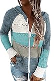 GOLDPKF Mädchen Pullover Pullover Für Damen Damen Jacke Cardigan Damen Langarmshirt Damen Hoodies Hohler Pullover Gestreift Farbanpassung Sweatshirt Hoodie Blau XL 48-50