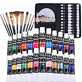 Qinner 38 Stück Acrylfarben Set, 24x12ml Ungiftig Farben Acrylfarbe Tischplatte Kunstkittel 10* Pinsels, 2 *leinwand, 1*Mischpalette, 1*Mischmesser, Akrylfarbenset für Kinder Künstler,Anfäng