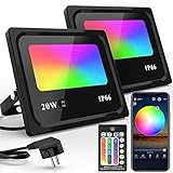 RGB LED Strahler, Cshidworld 20W Fluter 2er Pack mit Bluetooth App + Fernbedienung LED Flutlichtstrahler 20 Modi, IP66 Wasserdicht LED Flutlicht für Außen Innen Party Garten [Energieklasse A++]