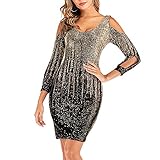 Pailletten Kleid Damen Retro V-Ausschnitt Langarm Glitzer Mini Bodycon Partykleider Geschenk für F