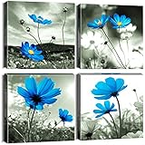 Artscope 4 Teilig Leinwandbilder mit Blaue Blumen Motiv Kunstdruck - Moderne Wandbild für Badezimmer Wohnzimmer Wanddekoration - 30 x 30