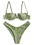 ZAFUL Zweiteiliger Bikini Set, Blumenmuster Hoch Geschnitt Bikini mit Bügel & V-Badehose für Damen (Grün, M)