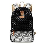 Lisirs Canvas Rucksack Damen Stabil Wasserdicht Schulranzen Mädchen Vintage Tolle Farbkombi Muster Schöner Praktischer Schulrucksack mit Laptopfach für Teenager Freizeit und Schule Punkt Schw