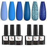 Nagellack, 6 Farben UV Gel Nagellack Set , TipsLuna Gellack set, Blautönen und Glitzer Gel Nägel Starterset , Soak Off LED Gellack für Nail Art Weihnachten, Neujahr- Tiefsee Erinnerung