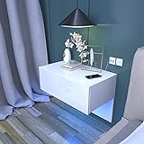 Dripex Nachttisch hängende in Weiß Hochglanz, Wandregal Nachtschrank mit Schublade, Holz Möbel Nachtkommode schwebend mit LED Beleuchtung,60 x 46 x 35