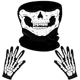 LYTIVAGEN Schädel Gesichtsmaske mit 1 Paar Skelett Handschuhe Skull Schlauch Maske Skelett Motorrad Gesichtsmaske für Halloween, Party Kostüm, Outdoor Ak