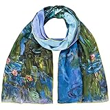 VON LILIENFELD Schal Damen 100% Seide Claude Monet Seerosen Kunst Motiv Halstuch Seidenschal Seidentuch Kanten handgerollt 172 x 42