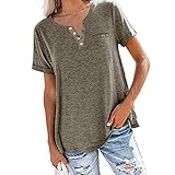 Damen Sommer Casual Tshirt Knopf mit V-Ausschnitt Kurzarm Basic T-Shirt Einfarbig Oberteil Shirt Bluse mit Taschen Damen T-Shirt locker und lässig Shirt Kurzarm Oberteile Elegant Tunika Top