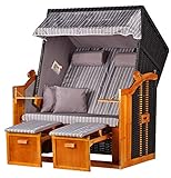 Mr. Deko Strandkorb Ostsee Volllieger Strandstuhl Gartenliege Liegestuhl PE Geflecht Schwarz inkl.4 Kissen-Strandkörbe aus Hartholz,Poly-Rattan für Garten,Wintergarten,Terrasse (Dessin Royal Grau)