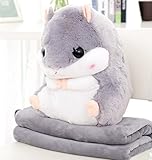 YunNasi 2 in 1 Schöner und Niedlich Plüschtier Hamster kissen mit Fleece Blanket Super Witziges und Süßes Geschenk für Kinder und Freundin 50cmX30cm (Grau)