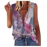YunYoud Damen Tops Damen T-Shirt Damen Tank Tops Ärmellos V-Ausschnitt Sommer Oberteile Shirts Freizeit Basic Tunika Schmetterling Pfau Print Reißverschluss Top