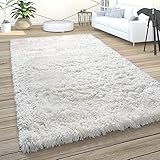 Paco Home Hochflor Teppich Wohnzimmer Shaggy Pastell Einfarbig Weich Flauschig Creme Weiß, Grösse:160x220