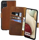 Suncase Book-Style Hülle kompatibel mit Samsung Galaxy A12 Leder Tasche (Slim-Fit) Lederhülle Handytasche Schutzhülle Case mit 3 Kartenfächer in antik-C