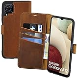 Suncase Book-Style Hülle kompatibel mit Samsung Galaxy A12 Leder Tasche (Slim-Fit) Lederhülle Handytasche Schutzhülle Case mit 3 Kartenfächer in antik-C