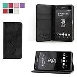 COOVY® Cover für Sony Xperia Z5 Compact Case Wallet Schutz Etui mit Kartenfach, Standfunktion + Schutzfolie - Design Blume | Farbe schw