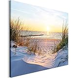 Revolio 50x40 cm Leinwandbild Wandbilder Wohnzimmer Modern Kunstdruck Design Wanddekoration Deko Bild auf Leinwand Bilder 1 Teilig - Dünen Strand Meer Sonnenuntergang gelb