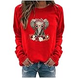 Masrin Frauen Sweatshirt Herbst Winter Lässig Langarm Tops Damen Elefant Print Pullover Blumenmuster Patchwork Lose Bluse(XL,Rot)