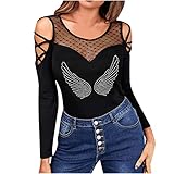 Uhoney Oversized Graphic T Shirt Women Casual Long Sleeve Top Hollow Out O-Neck Off Shoulder Shiny Sequin Skull Print Slim Tops Mesh Patchwork Bluse, Schwarz , S