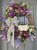 White Pumpkins Ranunculus Wreath - Herbst Kranz Rahmen für Haustür draußen,Weiße Kürbisse Ranunculus Kranz,Dekor Rustikale Herbstkränze,Weihnachtskranz,Türkranz Herbst Kranz Haustür Dekoration (H)