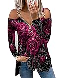 Achlibe Damen Casual Cold Shoulder Tops V-Ausschnitt Spitze Lose Shirts Blusen Stricktop T-Shirt, Red Flower, XXL