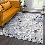 payé Teppich Wohnzimmer - Blau Creme Schwarz - 80x150cm - Modern Marmor Abstrakt Optik Vintage Kurzflor Schlafzimmer Flur Dekoration L