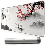 Mauspad XXL Sakura - Japanische Tinte Kirschblüten Pagode Sonne - Mauspad groß - Schreibtischunterlage groß wasserdicht rutschfest mit genähten Kanten Stoffoberfläche Gaming Mousepad 900x400x3