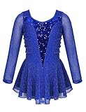 iixpin Eiskunstlauf Kleid Mädchen Langarm Rollschuhkleid Glitzer Tanzkleid Ballettkleid mit Tutu Rock Ballett Trikot Leotard Wettbewerb Kostüm Blau 134-140