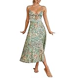 LSFYSZD Slip-Kleid für Damen, gepunktet, Blumenmuster, Spaghetti-Träger, gebunden, V-Ausschnitt, hohl, Seitenschlitz-Rock, Grünes Blumenmuster, X-Larg