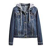 Verwaschene Optik Retro Hoodie Denim Jacke Damen Jeansjacke mit Kapuze Vintage Jean Mantel Übergangs Denim Jacke Slim Fit mit Taschen Metallknöpfe Hoodie Denim Jacket Frühling Herbst Übergangjack