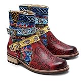 HDGFYTOR Damenstiefel Wadenhöhe Frauen Vintage Blume Bestickte Stiefel Gürtelschnalle Flache Ritterstiefel Kurzstiefel Seitenreißverschluss Western Knöchelstiefel(Size:EU 36,Color:rot)