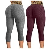 KUION 2 Stücke Damen Leggings Mode High Waist Spleißen Drucken Yogahosen Blickdicht Scrunch Elastische Große Größen Kompression Bauchkontrolle F