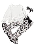Kinder Mädchen Herbst Kleidung Set Langarm Rüschen Top Bluse + Leopard Print Schleife Ausgestellte Hose + Stirnband 3-teiliges Wäsche-Set, A# Weiß, 116