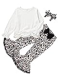 Kinder Mädchen Herbst Kleidung Set Langarm Rüschen Top Bluse + Leopard Print Schleife Ausgestellte Hose + Stirnband 3-teiliges Wäsche-Set, A# Weiß, 116