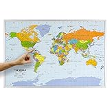 ORBIT GLOBES & MAPS Weltkarte - Kork Weltkarte auf Pinnwand mit Holzrahmen (silber) 90 x 60 cm, englisch mit Fähnchen und Pins sowie Befestigung