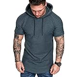 Herren Fitness Muskeln gefaltete Feste Farbe T-Shirt Rundhals-Kurzarm-Turnhalle Hoodie L