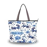 JUMBEAR Canvas Tote Bag Damen Handtasche Blau Pferd Blumen Damen Shopping-Tasche Schultertasche L, a, Larg