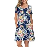 Kleider Damen Drucken Loose Short Round Neck Kurzarm Kleid O-Neck Beiläufig A-Linie röcke C