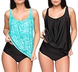 Octopus 3tlg. Damen Oversize Tankini Set zum Kombinieren! 2 Oberteile und 1 High Waist Slip (sw) f5562 Farbe: G(sw+1383)-S9(sw) Tankini Oberteil Schwarz + Türkis meliert, High Waist Slip (sw), Gr. 40