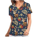 yiouyisheng Weihnachten Krankenhaus Schlupfhemd Bluse Kurzarm V-Neck Mischgewebe Kasack Damen Pflege Bunt Motiv Arzt Uniform Berufsbekleidung Krankenschwester Kleidung Mit T